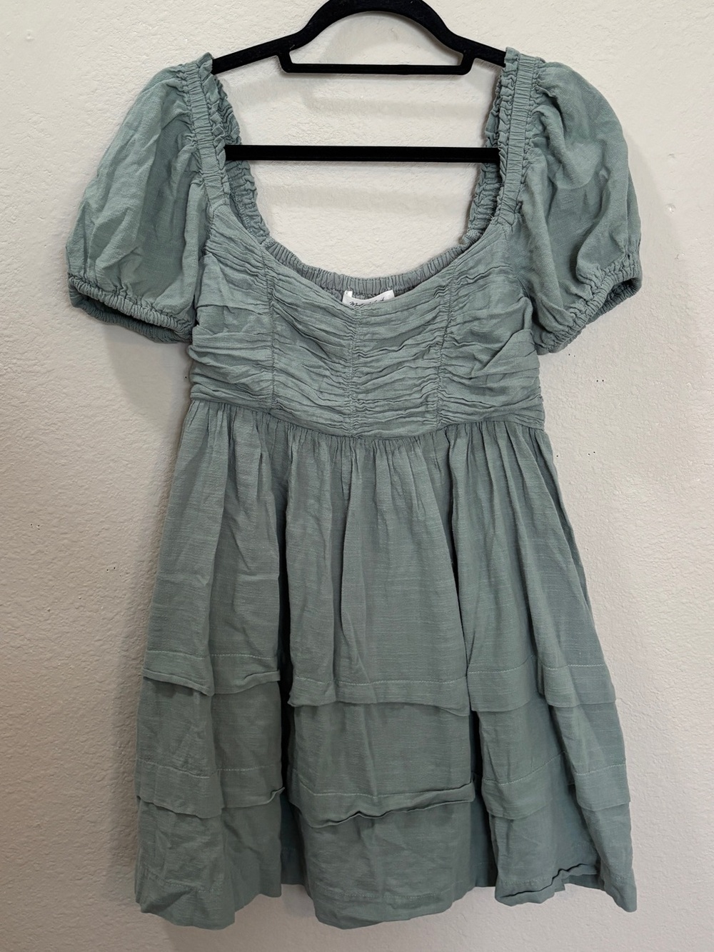 Mustard Seed Sage Green Smocked Puff Sleeve Babydoll Mini Dress Size Medium